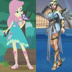 Size: 1763x1763 | Tagged: safe, screencap, fluttershy, bird, equestria girls, g4, my little pony equestria girls: better together, text support, text support: fluttershy, comparison, cropped, feet, female, geode of fauna, legs, magical geodes, mercy, overwatch, sandals