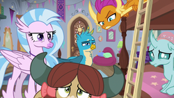 Size: 1280x720 | Tagged: safe, screencap, gallus, ocellus, silverstream, smolder, yona, changedling, changeling, dragon, griffon, hippogriff, yak, g4, school raze, bed, bow, bunk bed, dormitory, dragoness, female, hair bow, ladder, male