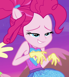 Size: 957x1079 | Tagged: safe, screencap, fluttershy, pinkie pie, equestria girls, equestria girls specials, g4, my little pony equestria girls: better together, my little pony equestria girls: forgotten friendship, cropped, enjoying, faic, jazz hands, lip bite, out of context, ponied up, solo focus, super ponied up