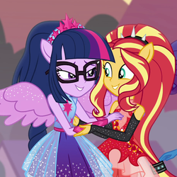 Size: 912x912 | Tagged: safe, screencap, sci-twi, sunset shimmer, twilight sparkle, equestria girls, equestria girls specials, g4, my little pony equestria girls: better together, my little pony equestria girls: forgotten friendship, cropped, hug, out of context, ponied up, pony ears, sci-twilicorn, shipping fuel, super ponied up, wings