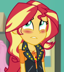 Size: 965x1078 | Tagged: safe, screencap, sunset shimmer, equestria girls, equestria girls specials, g4, my little pony equestria girls: better together, my little pony equestria girls: forgotten friendship, blushing, cropped