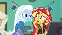 Size: 1920x1080 | Tagged: safe, screencap, sunset shimmer, trixie, equestria girls, equestria girls specials, g4, my little pony equestria girls: better together, my little pony equestria girls: forgotten friendship, duo, duo female, female, geode of empathy, magical geodes