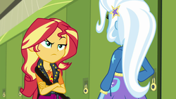 Size: 1920x1080 | Tagged: safe, screencap, sunset shimmer, trixie, equestria girls, equestria girls specials, g4, my little pony equestria girls: better together, my little pony equestria girls: forgotten friendship, crossed arms