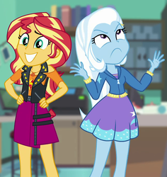 Size: 642x681 | Tagged: safe, screencap, sunset shimmer, trixie, equestria girls, equestria girls specials, g4, my little pony equestria girls: better together, my little pony equestria girls: forgotten friendship, :c, cropped, duo, frown, grin, hand on hip, nervous, nervous smile, smiling