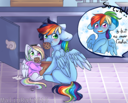 Size: 768x616 | Tagged: safe, artist:malinraf1615, rainbow dash, oc, oc:maxillian, oc:rainbow pastel, pegasus, pony, g4, baby, baby pony, blank flank, blushing, brother and sister, clothes, colt, cookie, cookie jar, cute, female, filly, foal, food, heterochromia, hoodie, male, mouth hold, ocbetes, offscreen character, offspring, parent:rainbow dash, parent:soarin', parents:soarindash, ponytail, rainbow hair