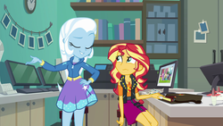 Size: 1920x1080 | Tagged: safe, screencap, sunset shimmer, trixie, equestria girls, equestria girls specials, g4, my little pony equestria girls: better together, my little pony equestria girls: forgotten friendship, duo, geode of empathy, hand on hip, magical geodes, unamused