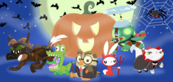 Size: 3541x1689 | Tagged: safe, artist:porygon2z, angel bunny, gummy, opalescence, owlowiscious, tank, winona, alligator, devil, reptile, timber wolf, tortoise, vampire, g4, clothes, costume, halloween, halloween costume, harry potter (series), holiday, jack-o-lantern, pumpkin, teenage mutant ninja turtles