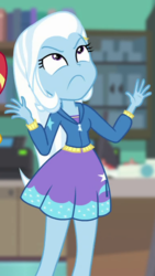 Size: 384x681 | Tagged: safe, screencap, trixie, equestria girls, equestria girls specials, g4, my little pony equestria girls: better together, my little pony equestria girls: forgotten friendship, :c, angry, clothes, cropped, frown, looking up, skirt, solo, unamused