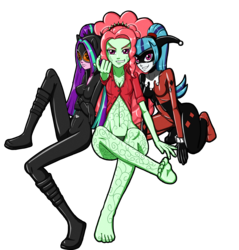 Size: 2872x3000 | Tagged: safe, artist:artemis-polara, adagio dazzle, aria blaze, sonata dusk, equestria girls, g4, my little pony equestria girls: rainbow rocks, barefoot, beckoning, belly button, bodypaint, boots, catsuit, catwoman, clothes, costume, crossed arms, feet, female, goggles, halloween, halloween costume, harley quinn, high res, holiday, latex, looking at you, mask, poison ivy, shoes, simple background, sitting, smiling, soles, the dazzlings, toes, transparent background, trio