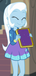 Size: 470x987 | Tagged: safe, screencap, trixie, equestria girls, equestria girls specials, g4, my little pony equestria girls: better together, my little pony equestria girls: forgotten friendship, book, clothes, cropped, cute, diatrixes, eyes closed, female, legs, skirt, smiling, solo