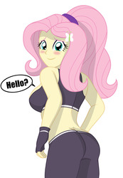 Size: 1292x1867 | Tagged: safe, artist:sumin6301, fluttershy, equestria girls, g4, adorasexy, ass, big breasts, blushing, breasts, busty fluttershy, butt, clothes, cute, dialogue, female, fingerless gloves, flutterbutt, gloves, looking at you, looking back, looking back at you, midriff, pants, sexy, shyabetes, sideboob, smiling, solo, speech bubble, sports bra, sports outfit, yoga pants