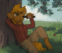 Size: 2022x1713 | Tagged: safe, artist:marsminer, oc, oc only, oc:mox, anthro, unguligrade anthro, apple, bottle, clothes, drinking, food, grass, grass field, green eyes, long sleeves, male, moxie soda, plaid, plaid shirt, solo, stallion, tree