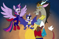 Size: 1280x853 | Tagged: safe, artist:turkleson, discord, twilight sparkle, oc, oc:mauve miracle, alicorn, hybrid, pony, g4, baby, batman, clothes, color, costume, eris, halloween, holiday, interspecies offspring, male, nightmare night, nightmare night costume, offspring, parent:discord, parent:twilight sparkle, parent:unnamed oc, parents:canon x oc, rule 63, step-parent and step-child, superman, twilight sparkle (alicorn), wonder woman