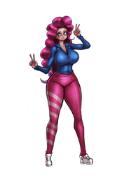 Size: 2480x3508 | Tagged: safe, artist:franschesco, pinkie pie, human, g4, big breasts, breasts, busty pinkie pie, cleavage, clothes, cute, female, high res, humanized, leggings, pants, peace sign, shoes, simple background, sneakers, solo, sweater, thick, white background