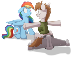 Size: 1200x957 | Tagged: safe, artist:littlehybridshila, rainbow dash, oc, oc:propwash, earth pony, pegasus, pony, g4, flying machine, jetpack, simple background, socially awkward, transparent background