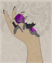 Size: 4096x5000 | Tagged: safe, artist:martiansworld, oc, oc only, oc:manny, bat pony, pony, absurd resolution, bat pony oc, bat wings, cute, eyes closed, hand, in goliath's palm, size difference, small, smol, snuggling, wings