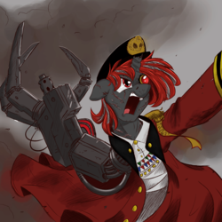 Size: 2048x2048 | Tagged: safe, artist:ncmares, oc, oc only, oc:crimson fist, pony, broken horn, clothes, colored, commissar, commissar yarrick, commission, cosplay, costume, crossover, high res, horn, open mouth, power klaw, prosthetics, purity seal, scar, solo, warhammer (game), warhammer 40k