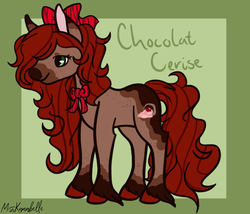 Size: 1750x1500 | Tagged: safe, artist:misskanabelle, oc, oc only, oc:chocolat cerise, earth pony, pony, abstract background, bow, earth pony oc, female, hair bow, hoof fluff, mare, offspring, parent:cherry jubilee, parent:trouble shoes, parents:cherryshoes, ribbon, signature, solo, unshorn fetlocks