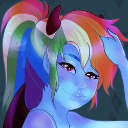 Size: 1013x1013 | Tagged: safe, artist:nichroniclesvsart, rainbow dash, equestria girls, g4, bat wings, clothes, costume, demon wings, devil horns, halloween, halloween costume, instagram, looking at you, smiling, wings