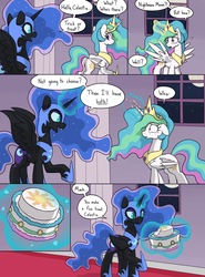 Size: 2000x2700 | Tagged: safe, artist:skitter, nightmare moon, princess celestia, alicorn, pony, g4, armor, butt, cake, cakelestia, cellular peptide cake (with mint frosting), comic, cutie mark, dialogue, fangs, female, fetish, food, food transformation, gem, glowing horn, high res, hooves, horn, inanimate tf, jewelry, levitation, magic, mare, moon, open mouth, plot, preylestia, regalia, speech bubble, spread wings, stars, telekinesis, tiara, transformation, vore, window, wings