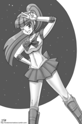 Size: 1000x1500 | Tagged: safe, artist:johnjoseco, sonata dusk, human, g4, female, grayscale, humanized, monochrome, one eye closed, peace sign, sailor moon (series), solo, wink