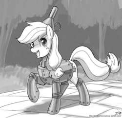 Size: 1000x972 | Tagged: safe, artist:johnjoseco, applejack, earth pony, pony, g4, clothes, costume, cute, female, grayscale, jackabetes, looking at you, mare, monochrome, open mouth, open smile, sketch, smiling, smiling at you, solo, the wizard of oz, tinman