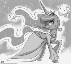 Size: 1200x1091 | Tagged: safe, artist:johnjoseco, princess luna, luma, pony, g4, clothes, crown, dress, female, grayscale, jewelry, monochrome, night, night sky, night sky background, pretty, princess rosalina, regalia, rosalina, sketch, sky, solo, super mario bros., super mario galaxy, wand