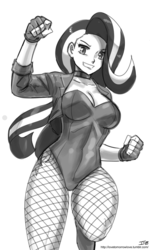 Size: 1000x1667 | Tagged: safe, artist:johnjoseco, starlight glimmer, human, g4, black canary, breasts, clothes, costume, cutie mark on human, female, fishnet pantyhose, gloves, grayscale, humanized, jacket, leotard, monochrome, sketch, smiling, solo