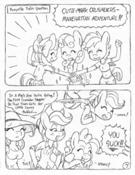Size: 849x1100 | Tagged: safe, artist:circe, apple bloom, applejack, fluttershy, pinkie pie, rainbow dash, scootaloo, sweetie belle, anthro, comic:soreloser, black and white, breasts, grayscale, hat, monochrome, spanking, sun hat, tongue out, traditional art
