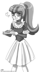 Size: 1000x1766 | Tagged: safe, artist:johnjoseco, sonata dusk, human, g4, clothes, costume, dia de los muertos, female, food, grayscale, halloween, halloween costume, humanized, looking at you, monochrome, ponytail, signature, skirt, solo, taco