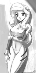 Size: 955x1920 | Tagged: safe, artist:johnjoseco, fluttershy, human, g4, anime, clothes, cosplay, costume, female, grayscale, halloween, halloween costume, humanized, monochrome, neon genesis evangelion, plugsuit, rei ayanami, sketch, solo