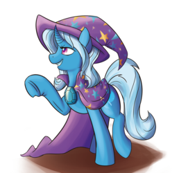 Size: 2671x2694 | Tagged: safe, artist:mandy1412, trixie, pony, unicorn, g4, brooch, cape, clothes, curved horn, female, grin, hat, high res, horn, jewelry, mare, simple background, smiling, solo, trixie's brooch, trixie's cape, trixie's hat