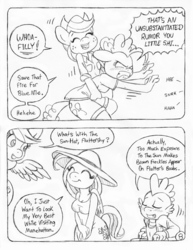 Size: 849x1100 | Tagged: safe, artist:circe, applejack, fluttershy, pinkie pie, rainbow dash, spike, anthro, comic:soreloser, black and white, breasts, clothes, comic, dress, grayscale, hat, monochrome, sun hat, sundress, traditional art