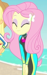 Size: 1329x2100 | Tagged: safe, screencap, applejack, fluttershy, equestria girls, equestria girls specials, g4, my little pony equestria girls: better together, my little pony equestria girls: forgotten friendship, beach, clothes, cropped, cute, eyes closed, female, fluttershy's wetsuit, geode of fauna, magical geodes, shyabetes, smiling, solo focus, swimsuit, wetsuit