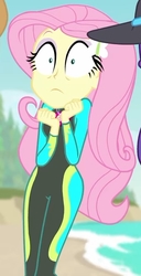 Size: 1079x2100 | Tagged: safe, screencap, applejack, fluttershy, rarity, equestria girls, equestria girls series, forgotten friendship, g4, beach, clothes, cropped, female, fluttershy's wetsuit, geode of fauna, magical geodes, reaction image, scared, solo focus, swimsuit, wetsuit
