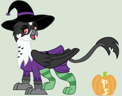 Size: 1174x920 | Tagged: safe, artist:peregrinstaraptor, oc, oc:gwendolyn, griffon, clothes, costume, female, hat, nightmare night costume, simple background, solo, witch costume, witch hat