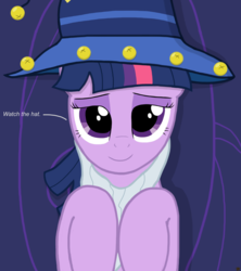 Size: 4000x4500 | Tagged: safe, artist:devfield, twilight sparkle, pony, g4, absurd resolution, bed, bedroom eyes, clothes, costume, fake beard, fourth wall, hat, looking at you, lying down, nightmare night, on back, shadow, star swirl the bearded costume, stupid sexy twilight, text, this will end in cuddles