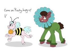 Size: 1849x1321 | Tagged: safe, alternate version, artist:pastel-charms, oc, oc only, oc:rock candy, oc:twinkle star, earth pony, pony, animal costume, bee costume, blushing, clothes, costume, female, filly, flower costume, male, nightmare night costume, offspring, parent:cheese sandwich, parent:pinkie pie, parents:cheesepie, stallion