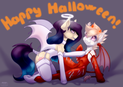Size: 1527x1080 | Tagged: safe, artist:striped-chocolate, oc, oc only, oc:white mouse, bat pony, rcf community, bat pony oc, bat wings, clothes, collar, costume, cute, demon horns, female, halloween, halloween costume, happy, happy halloween, heart, heart eyes, holiday, lesbian, oc x oc, pink eyes, raised hoof, scratches, shipping, stockings, tail wrap, thigh highs, wingding eyes, wings, zipper