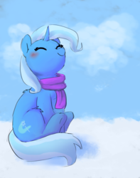 Size: 1624x2056 | Tagged: safe, artist:pucksterv, trixie, pony, unicorn, g4, blushing, clothes, cute, diatrixes, eyes closed, female, mare, scarf, sitting, smiling, snow, solo, winter