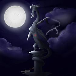 Size: 3000x3000 | Tagged: safe, artist:moonatik, discord, draconequus, g4, awakening, cloud, high res, horn, lightning, male, moon, moonlight, night, paws, solo, statue, statue discord, tail, talons, wings