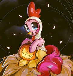 Size: 1202x1245 | Tagged: safe, artist:mirroredsea, pinkie pie, earth pony, pony, g4, animal costume, chicken pie, chicken suit, clothes, costume, cute, diapinkes, female, halloween, holiday, jack-o-lantern, looking at you, mare, nest, open mouth, pumpkin, solo