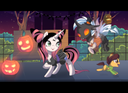 Size: 1600x1161 | Tagged: safe, artist:spookyle, oc, oc:curse, oc:willow wisp, changeling, pony, unicorn, bench, clothes, costume, couple, female, filly, halloween, halloween costume, holiday, jack-o-lantern, mare, night, nightmare night, park, pumpkin