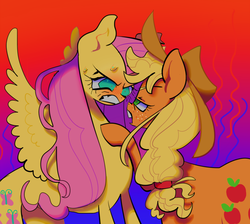 Size: 894x800 | Tagged: safe, artist:echobone, applejack, fluttershy, earth pony, pegasus, pony, g4, angry, confrontation, duo, eye contact, faceoff, glare, gritted teeth, looking at each other, pointing, spread wings, wings