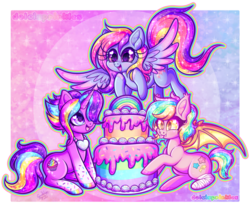 Size: 900x760 | Tagged: safe, artist:dolcisprinkles, oc, oc only, oc:glittering cloud, oc:glittersweet, oc:paper stars, bat pony, pony, cake, food, heart eyes, sparkly eyes, tongue out, wingding eyes