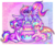 Size: 900x760 | Tagged: safe, artist:dolcisprinkles, oc, oc only, oc:glittering cloud, oc:glittersweet, oc:paper stars, bat pony, pony, cake, food, heart eyes, sparkly eyes, tongue out, wingding eyes