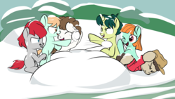 Size: 1920x1080 | Tagged: safe, artist:foal, ginger green, gnarly burl, green sprout, peach fuzz, super funk, train tracks (g4), pony, g4, background pony, colt, female, filly, male, snow, snowball, snowball fight