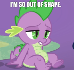 Size: 758x720 | Tagged: safe, edit, edited screencap, screencap, spike, dragon, g4, my little pony best gift ever, belly, caption, cropped, fat edit, fat spike, male, out of shape, plump, pouting, pudgy, sitting, solo, winged spike, wings