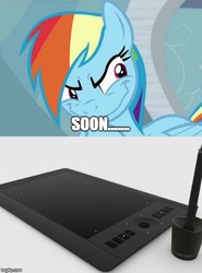 Size: 500x674 | Tagged: safe, edit, edited screencap, screencap, rainbow dash, pony, g4, tanks for the memories, drawing tablet, female, grinch face, image macro, meme, rainbow grinch, solo, soon, text