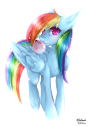 Size: 2000x2855 | Tagged: safe, artist:jun1313, artist:zum-zumzoom, rainbow dash, pegasus, pony, g4, bubblegum, chewing, eating, female, food, gum, high res, simple background, solo, white background